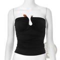 Black ruched strapless keyhole crop top with brown and gold-toned decorative buttons for stylish occasions
