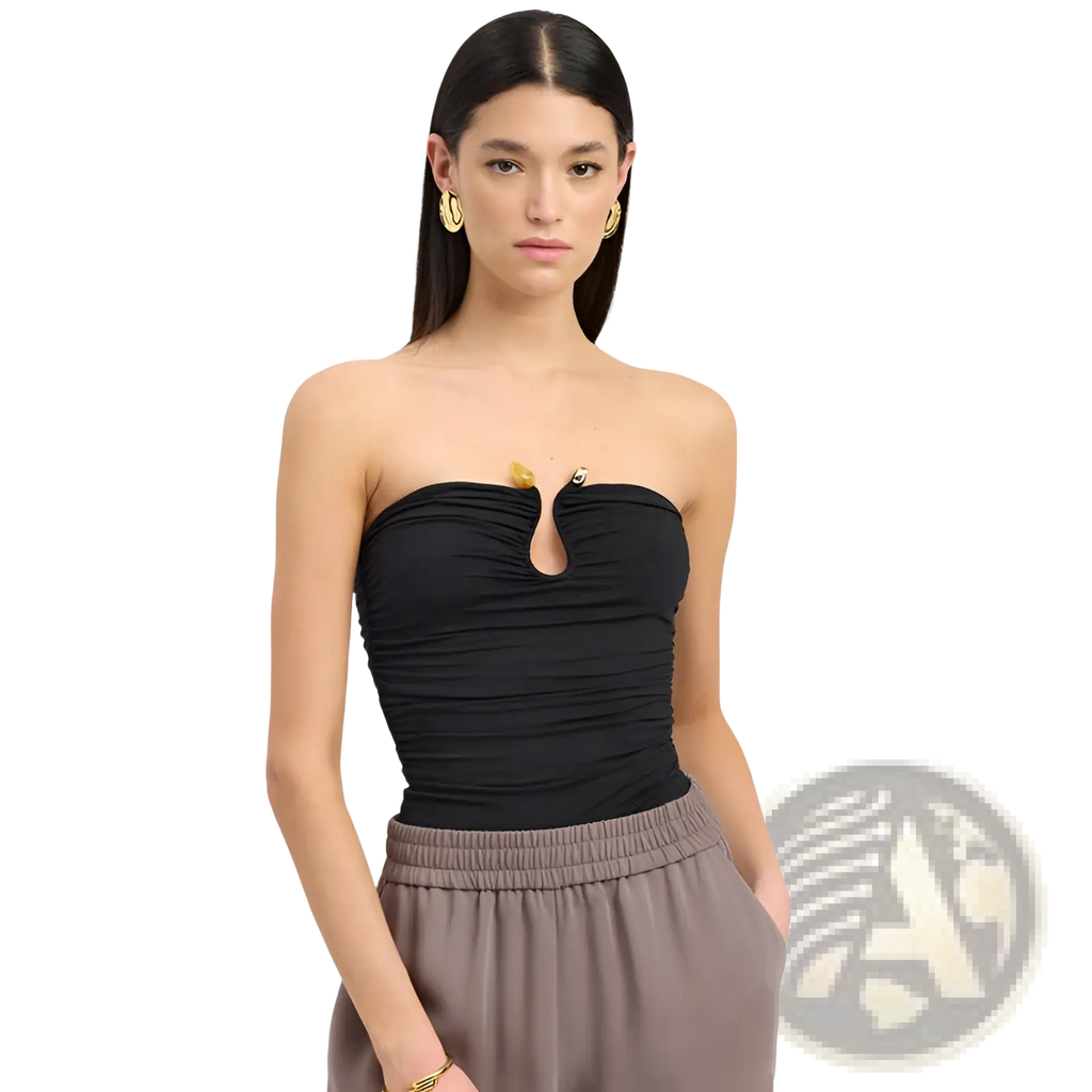 Black ruched strapless crop top featuring a gold-tone keyhole detail at the center front for stylish wear