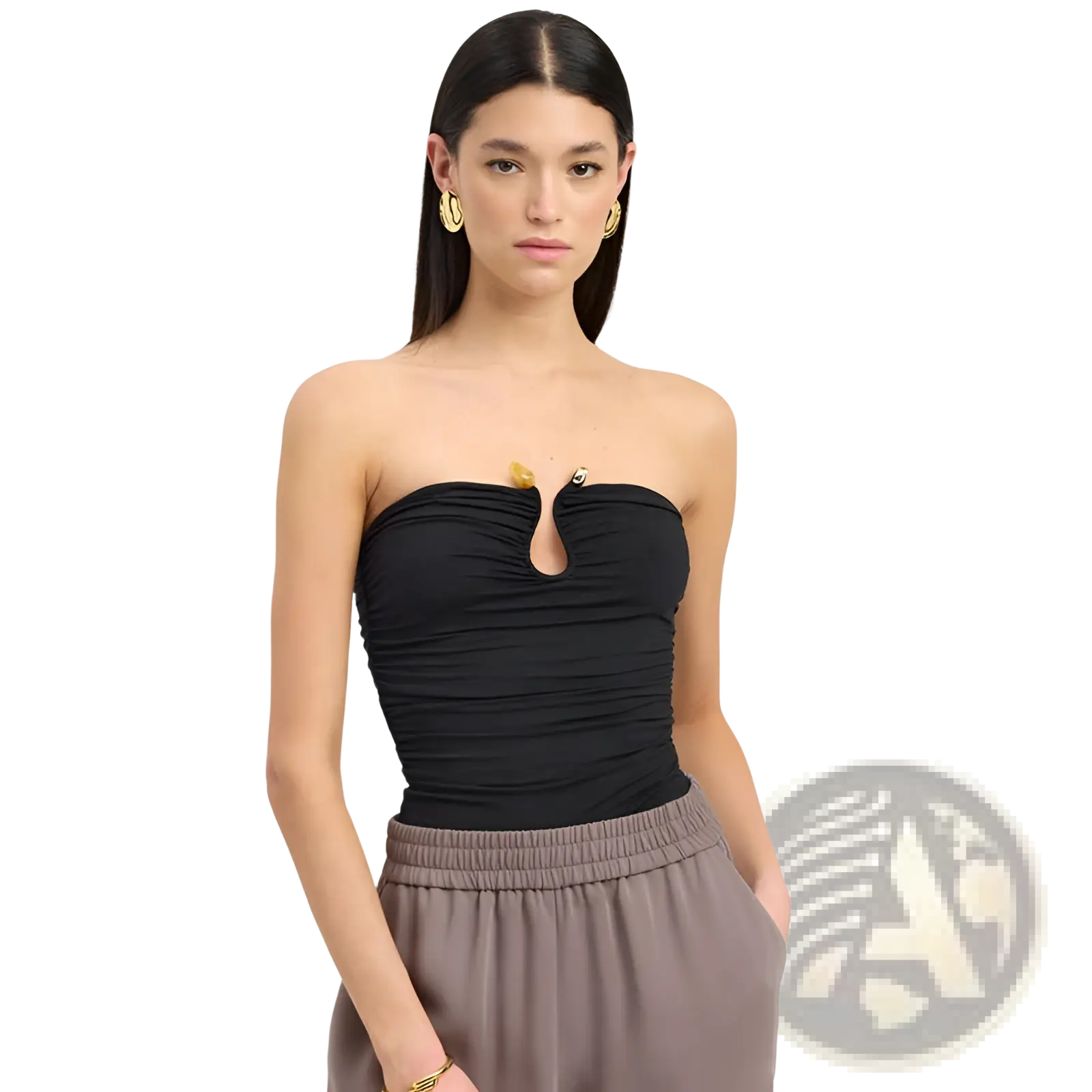 Black ruched strapless crop top featuring a gold-tone keyhole detail at the center front for stylish wear