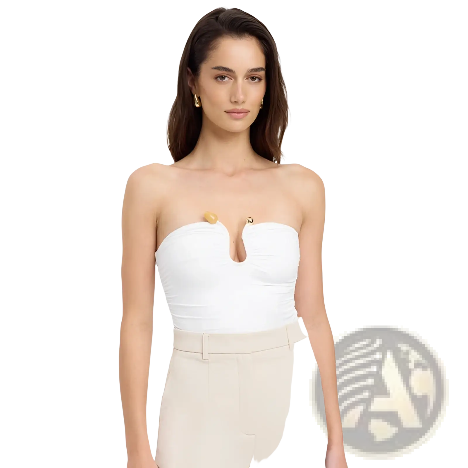 White strapless crop top bodysuit with central keyhole cutout and gold-tone button accents for stylish wear