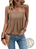 Tan strapless knit top with draped pleats and a slightly loose fit ideal for casual sleeveless wear
