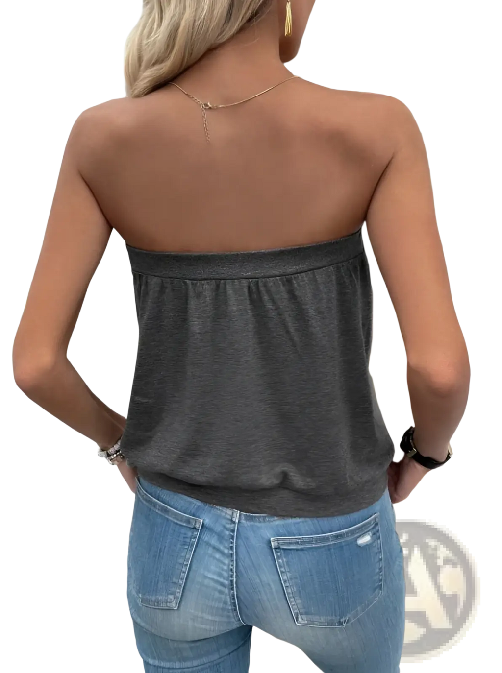 Strapless knit top casual grey sleeveless blouse featuring a dark gray color with a relaxed fit and elasticized waistband