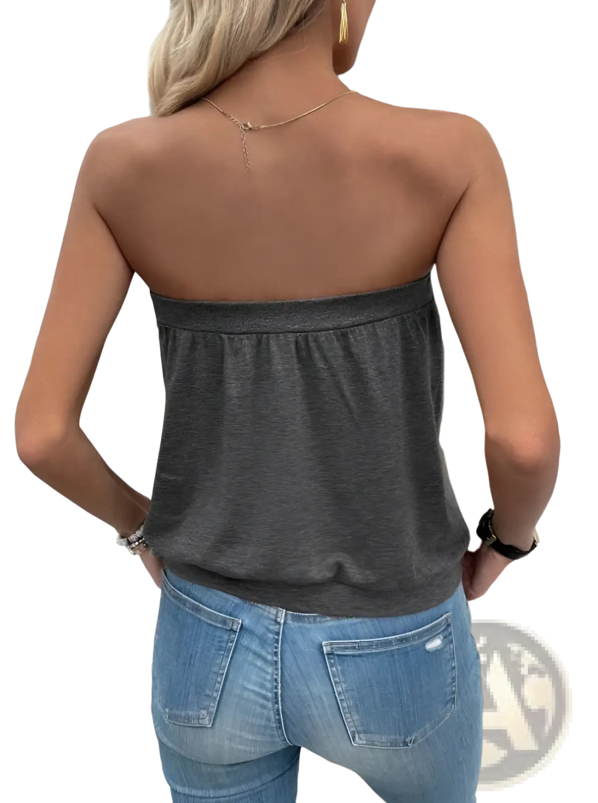 Strapless knit top casual grey sleeveless blouse featuring a dark gray color with a relaxed fit and elasticized waistband