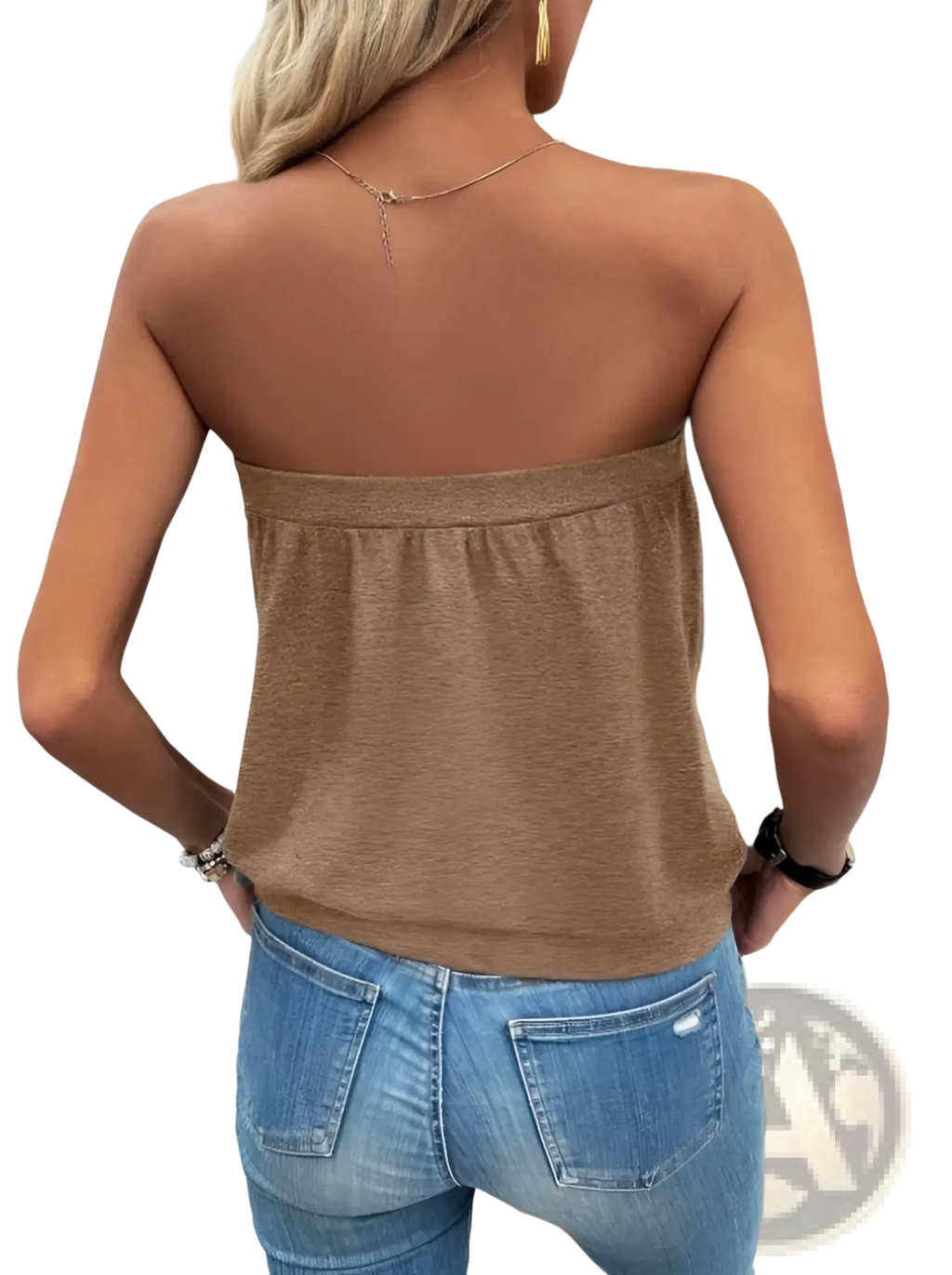 A taupe strapless knit top with a gathered waistband made of soft shimmering fabric for casual wear
