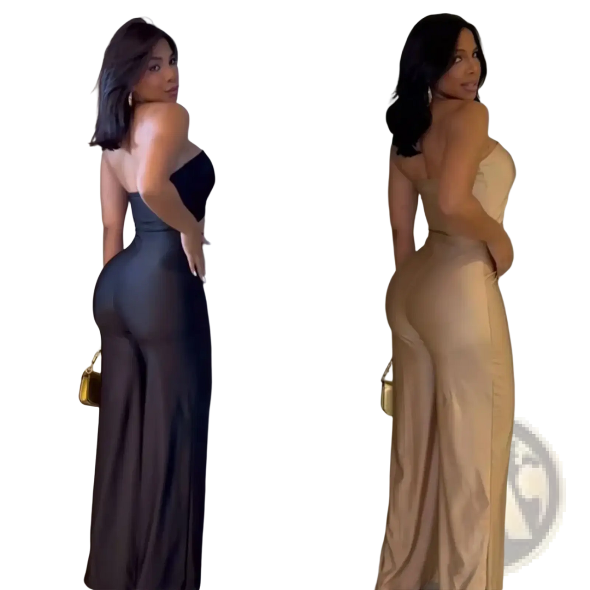Strapless satin jumpsuits in black and beige featuring high slit wide leg detailing for elegant occasions