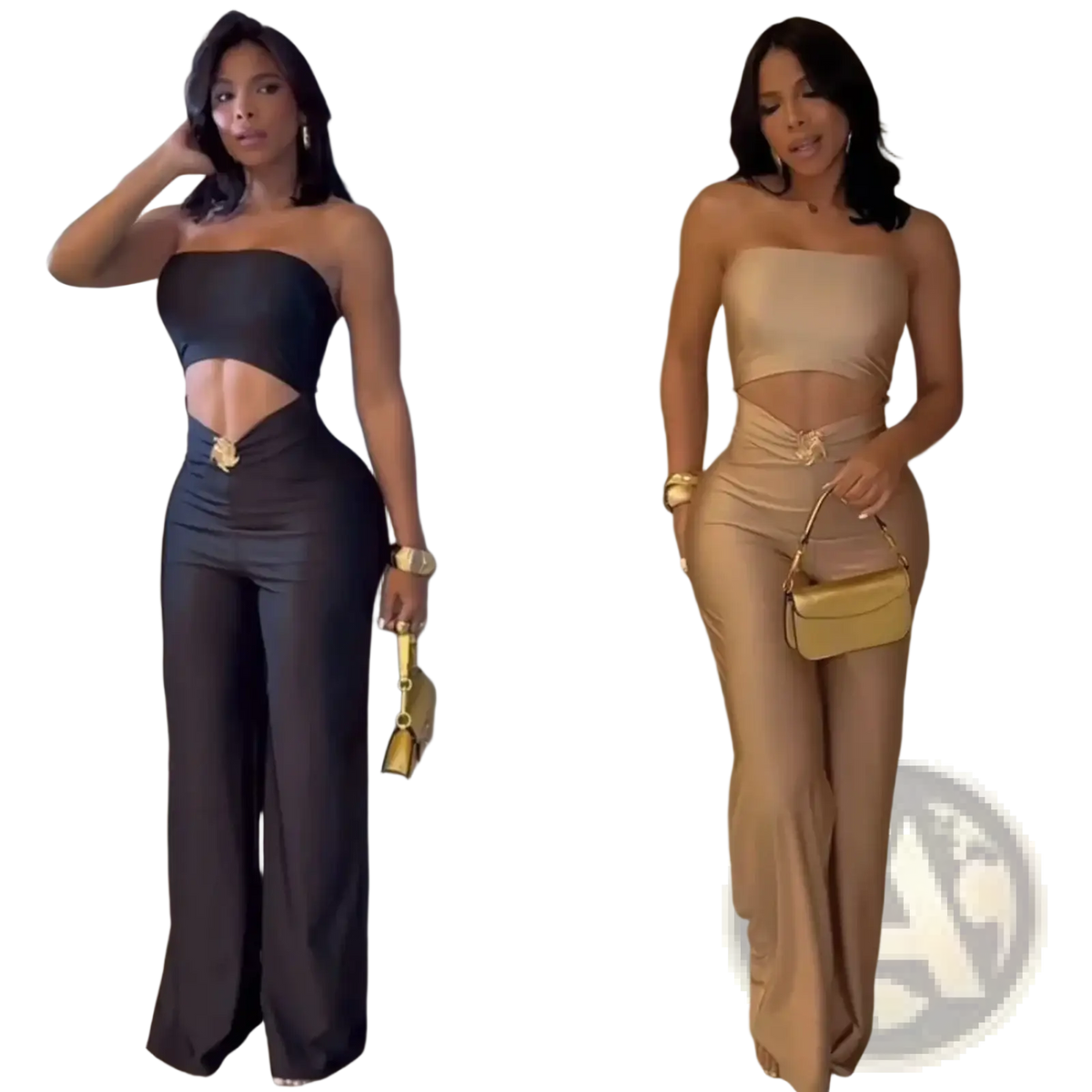 Black strapless satin jumpsuit with cutout waist, gold buckle, and matching high-waisted wide-leg pants