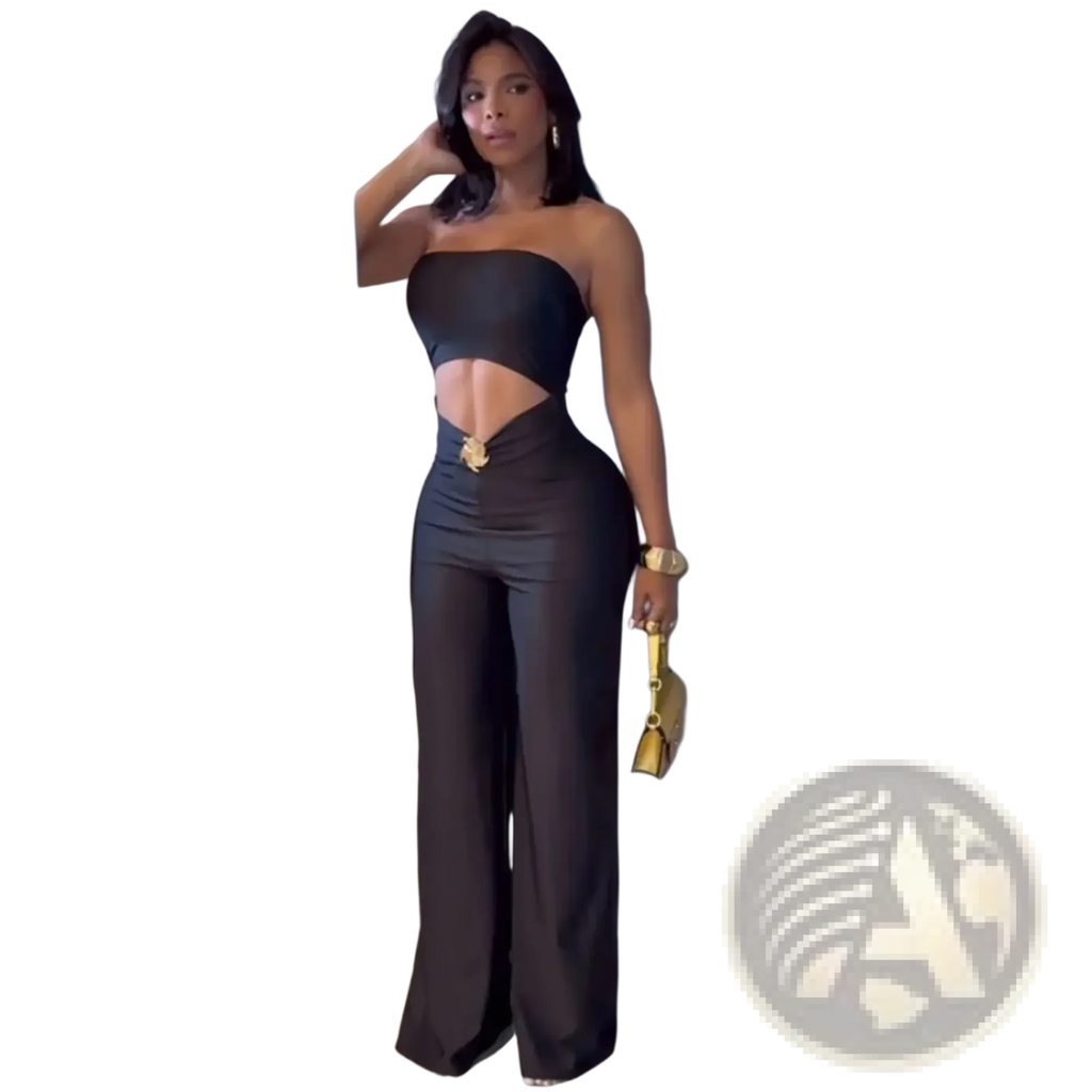 Black strapless satin jumpsuit with cutout waist, gold-toned belt buckle, and high-waisted wide-leg pants