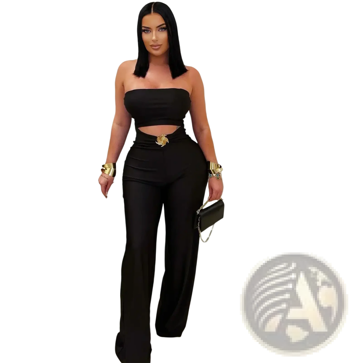 Black strapless satin crop top with gold-toned belt buckle at waist as part of high slit wide leg jumpsuit