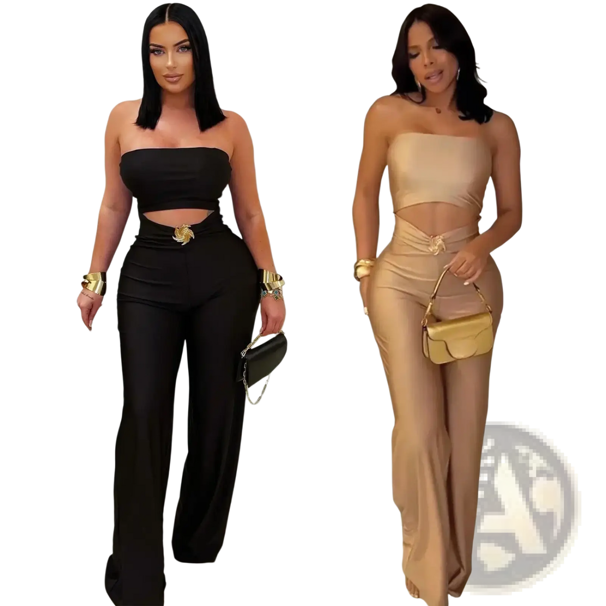 Black strapless satin jumpsuit with high slit wide leg pants and gold toned belt buckle in front view