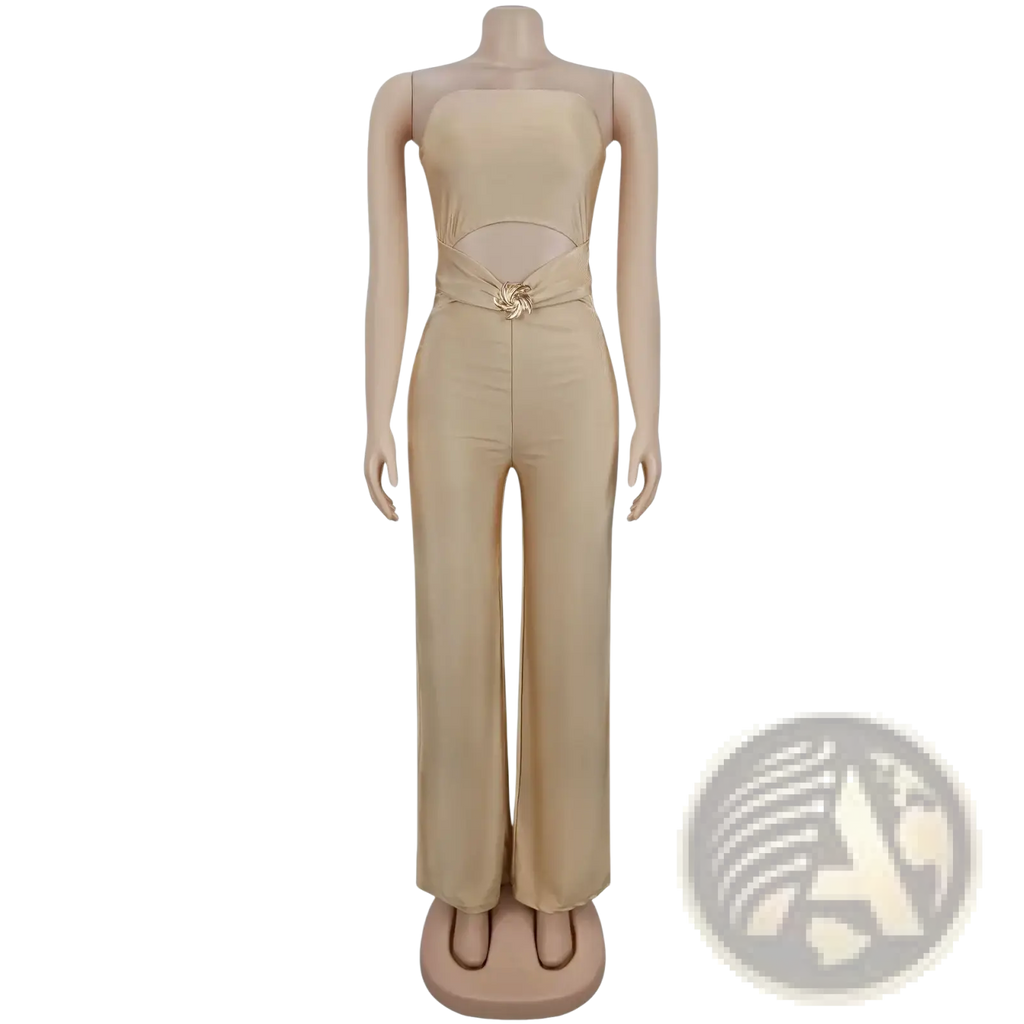 Beige satin strapless jumpsuit with wide leg high slit and cutout back featuring gold-toned decorative belt buckle