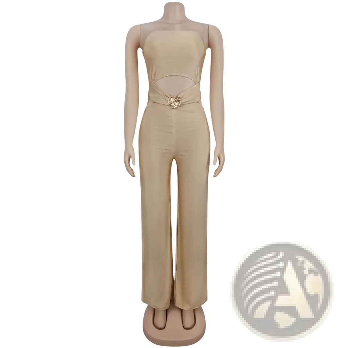 Beige satin strapless jumpsuit with wide leg high slit and cutout back featuring gold-toned decorative belt buckle