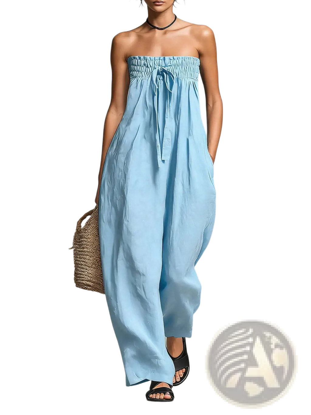 Light blue strapless smocked jumpsuit with gathered waist and drawstring tie for casual wear
