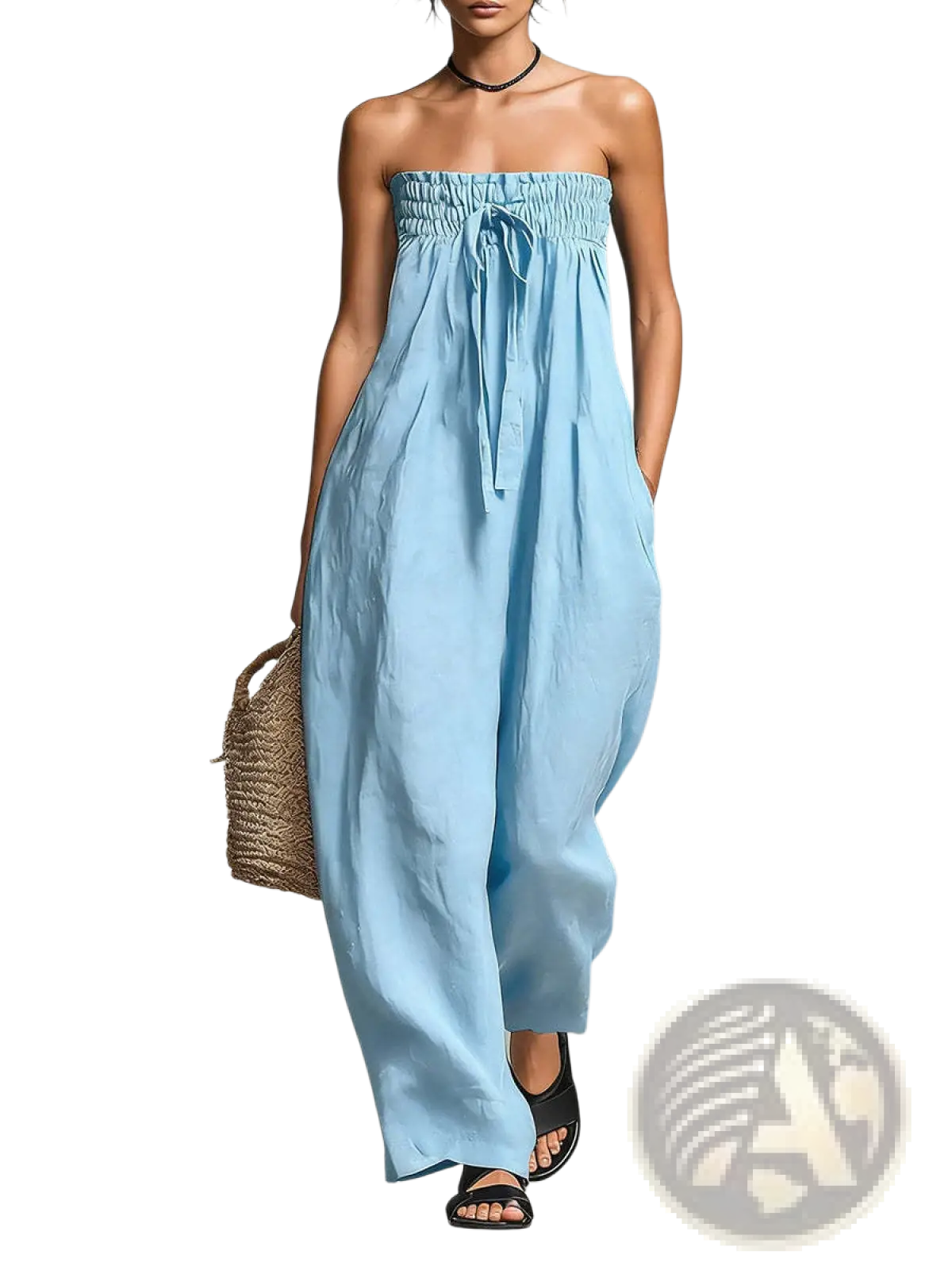 Light blue strapless smocked jumpsuit with gathered waist and drawstring tie for casual wear