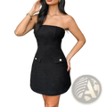Black strapless tweed mini dress with textured fabric, front pockets, and white button accents