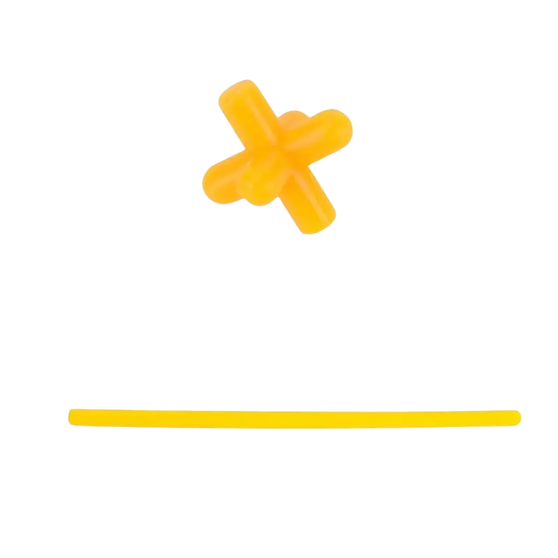 Yellow plastic cross-shaped connector with 2.5cm body and attached 20.5cm rod for straw building toys interlocking blocks set