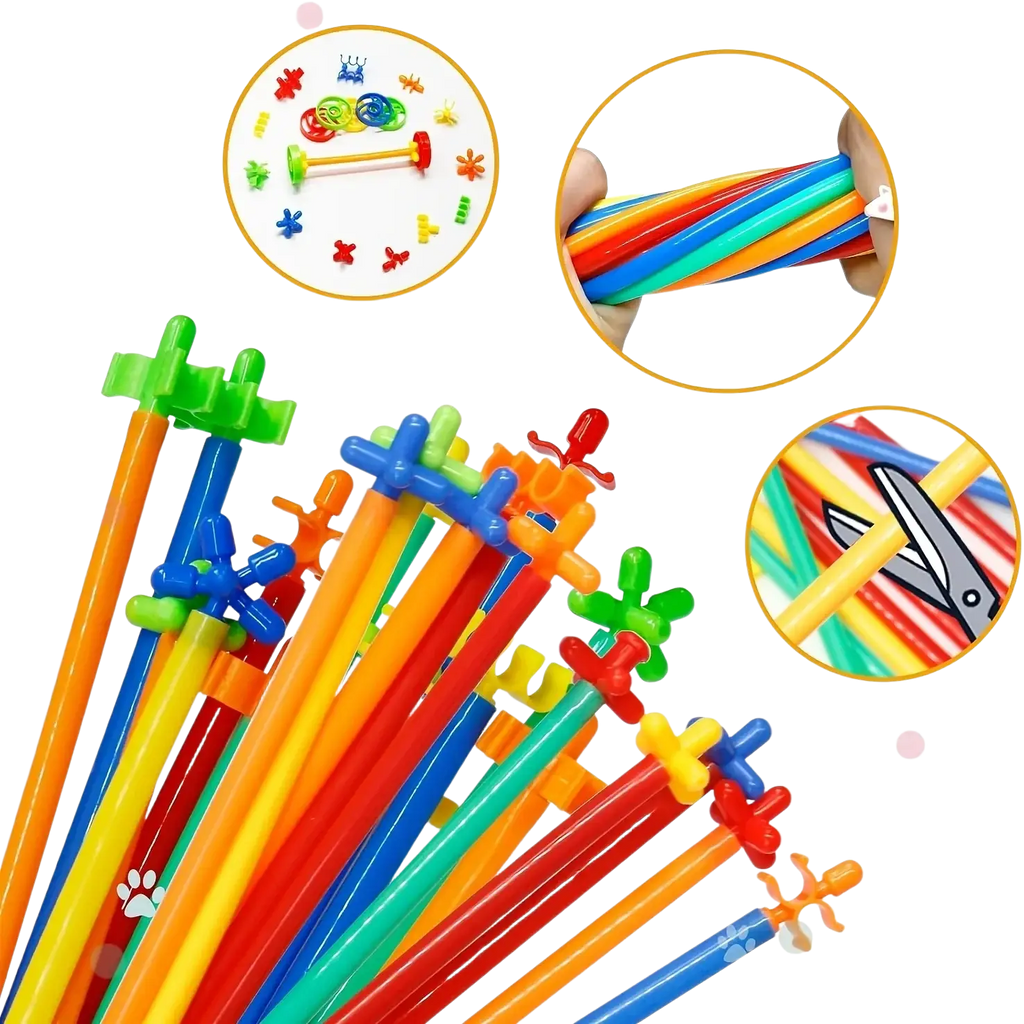 Brightly colored plastic interlocking straw building toys with colorful cross-shaped tops for engineering play sets