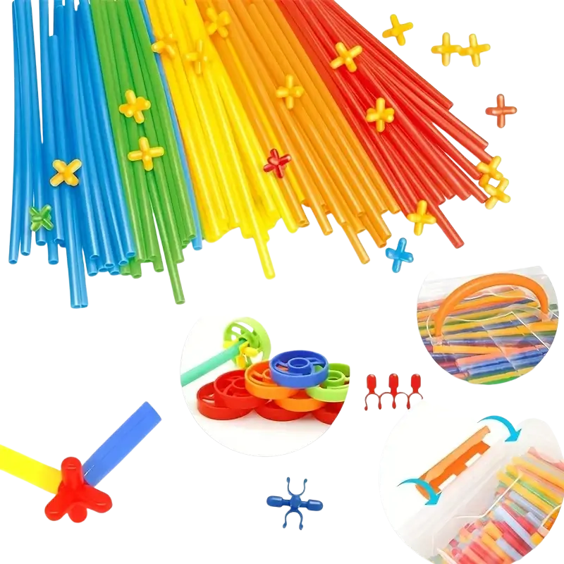 Rainbow-colored interlocking plastic tubes and connectors from the straw building toys engineering blocks set for children