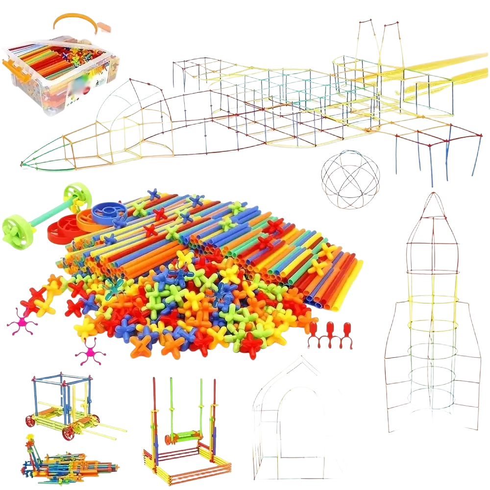 Colorful plastic straw building toys interlocking engineering blocks set with assorted tubes and connectors