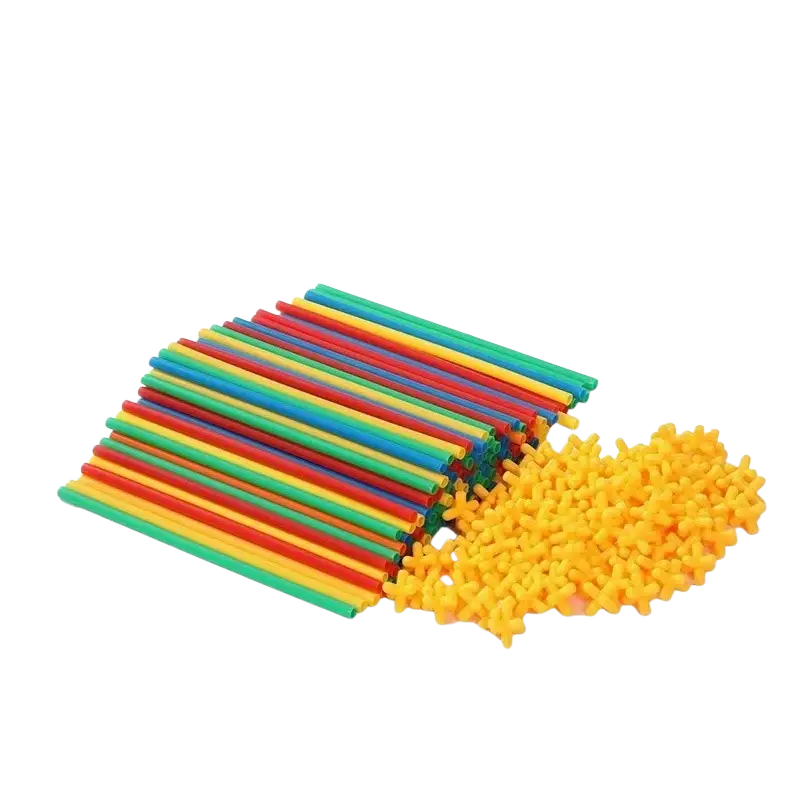 A set of colorful plastic straws with yellow connectors for building interlocking straw structures engineering blocks