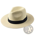 Beige straw fedora hat with black ribbon band foldable for sun protection men