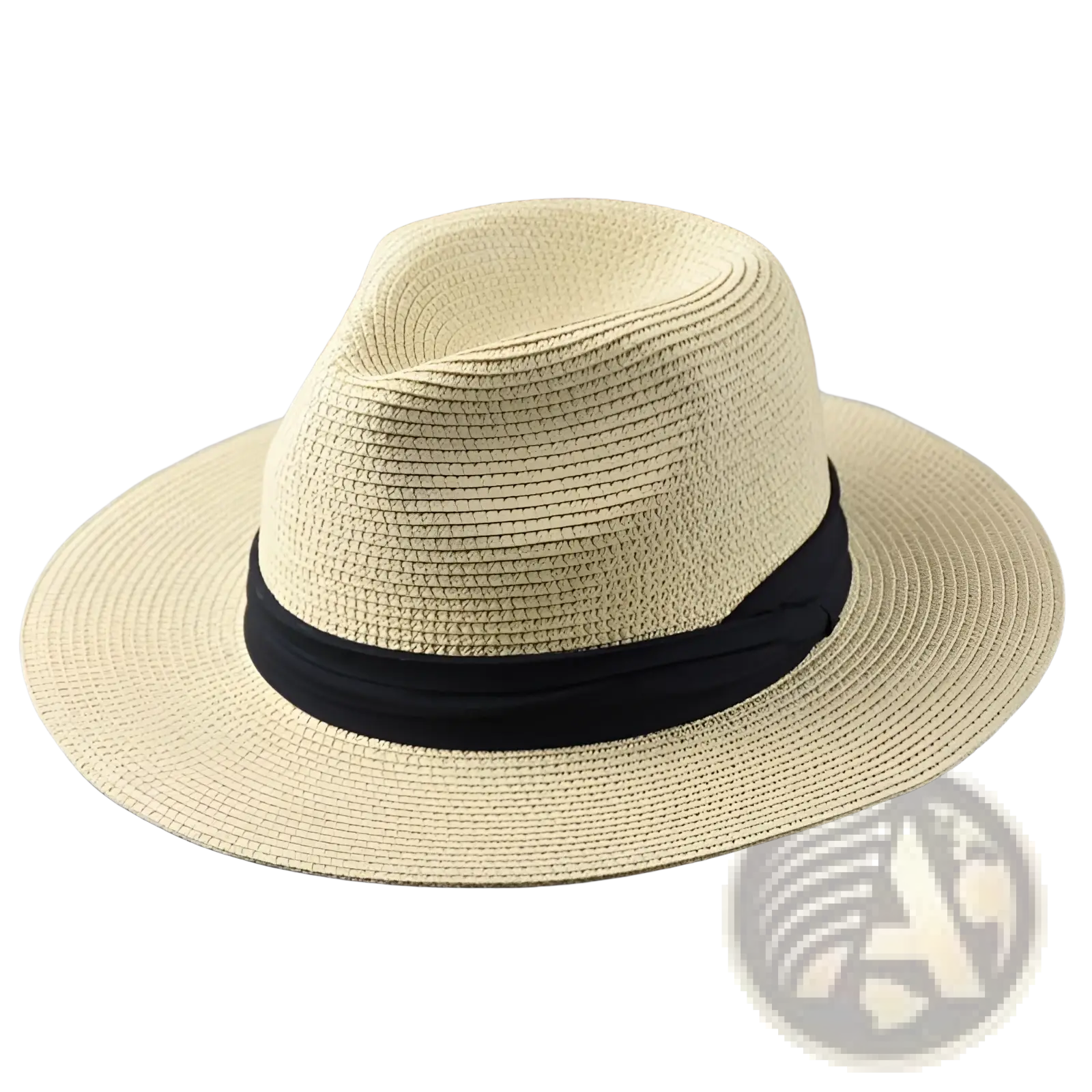Beige straw fedora hat with black ribbon band foldable for sun protection men