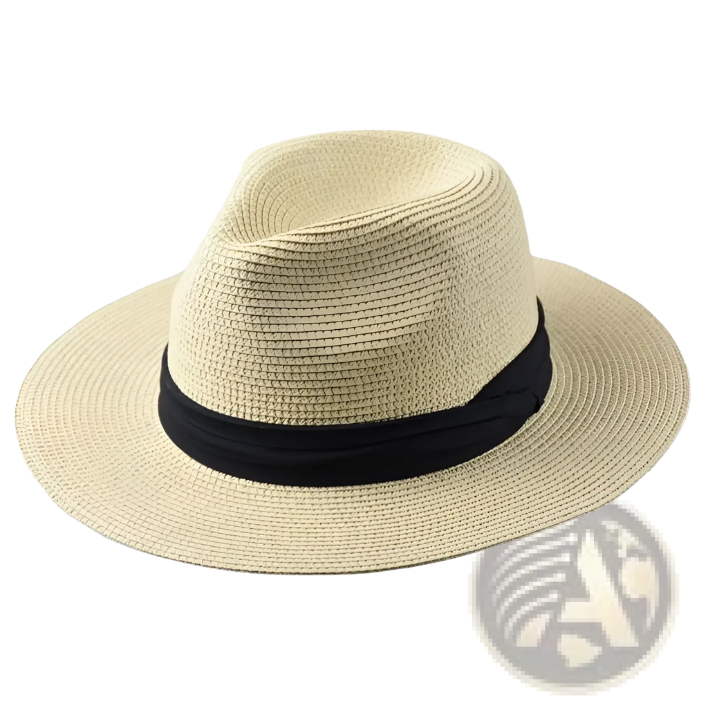 Beige straw fedora hat with a black satin band designed for foldable sun protection for men