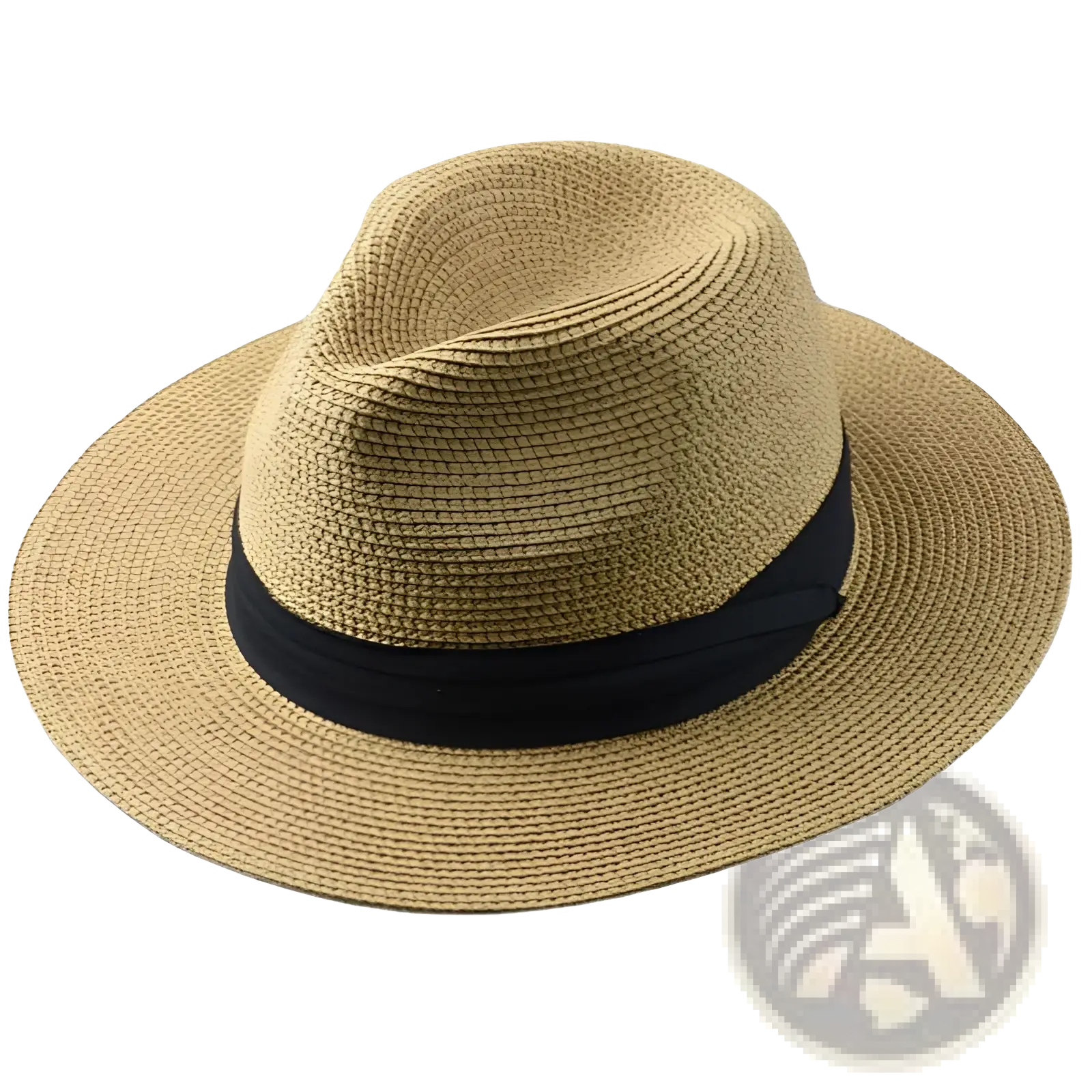 Beige woven straw fedora hat with black ribbon band foldable for sun protection men