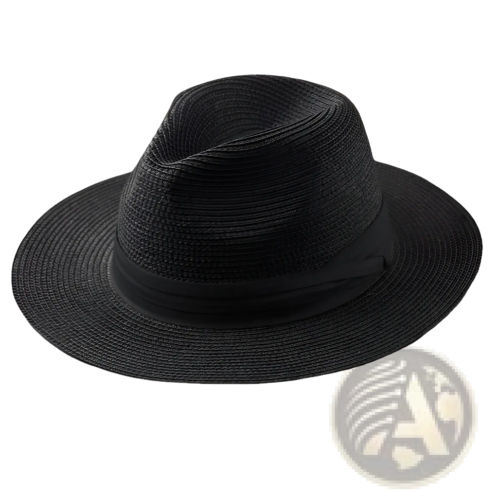 Black woven straw fedora hat with smooth satin ribbon band foldable for sun protection men