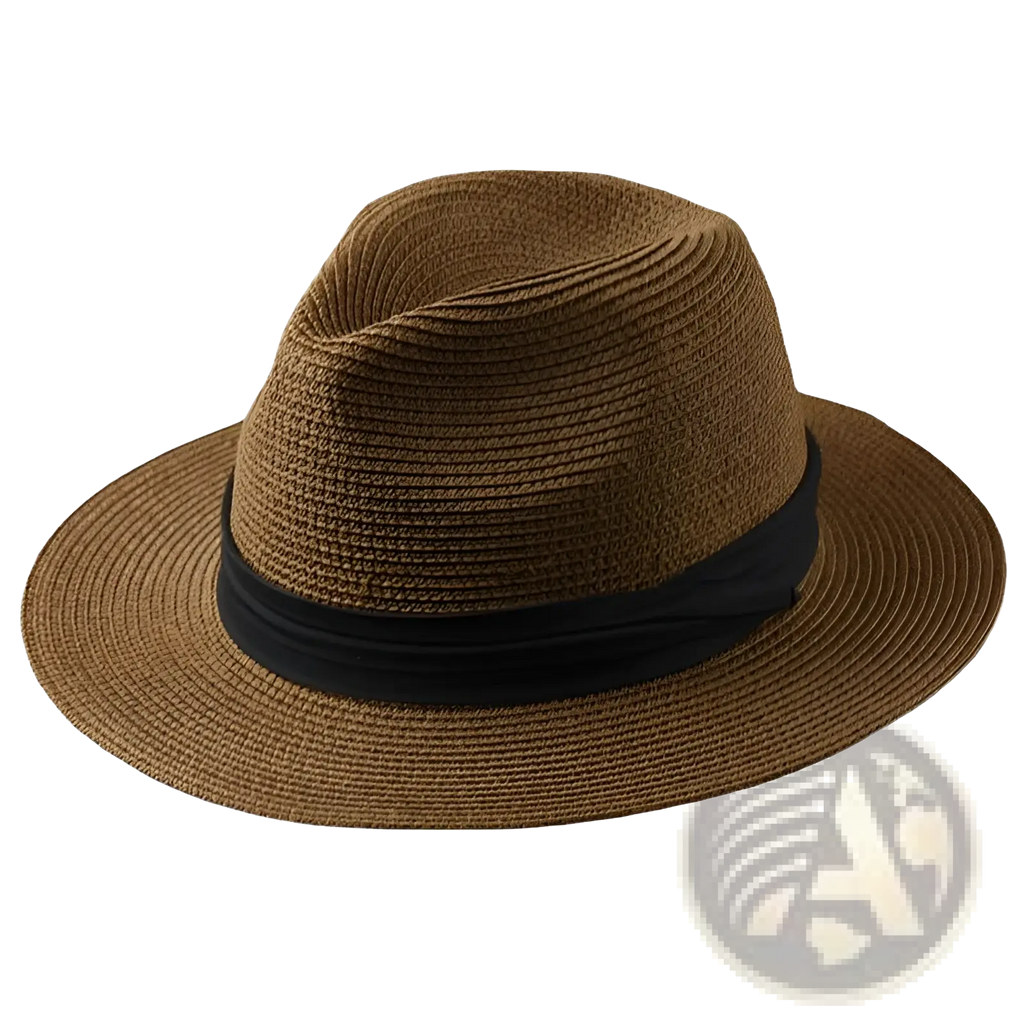 Brown woven straw fedora hat with black ribbon band foldable for sun protection men