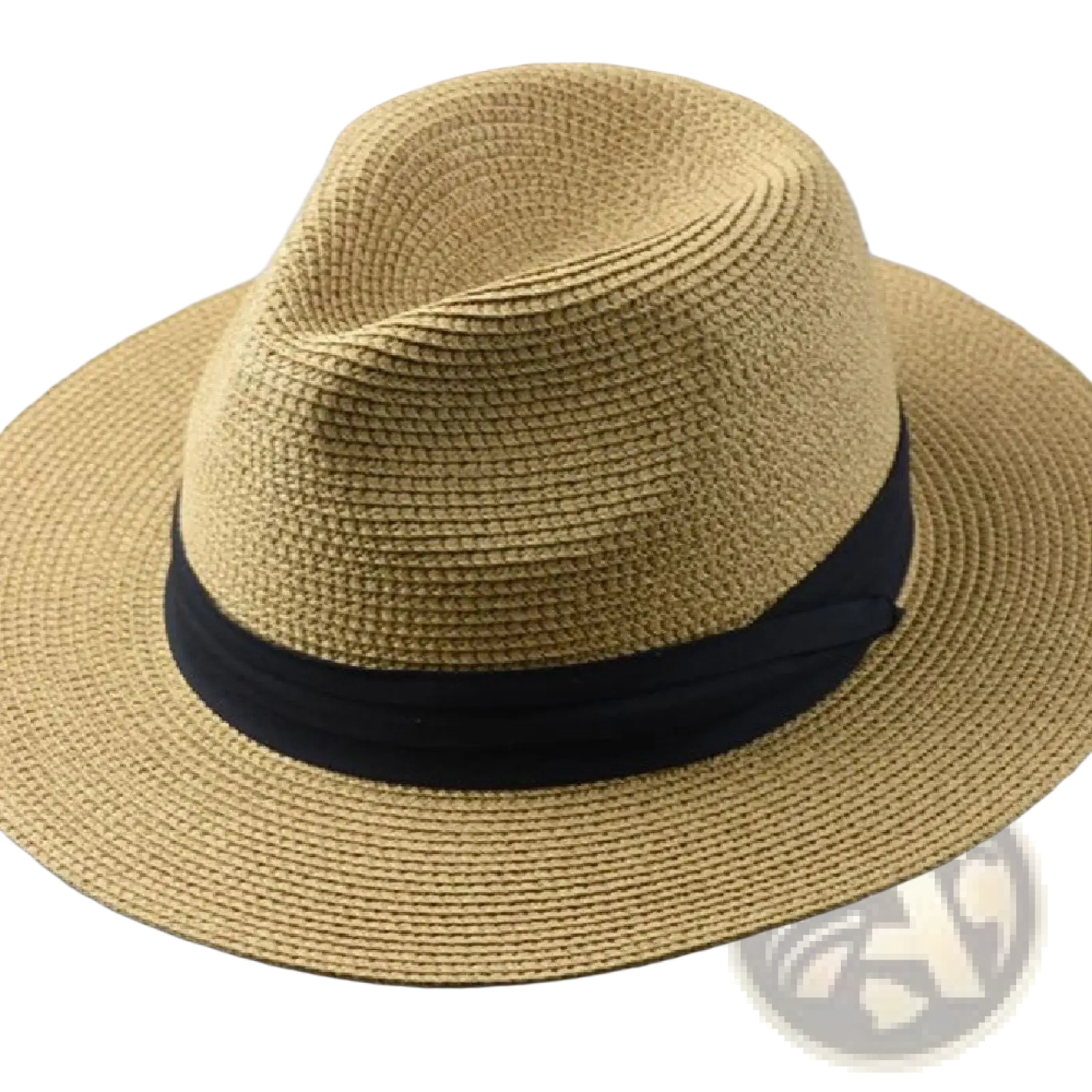 A tan woven straw fedora hat with a wide brim and black ribbon band for sun protection men foldable design