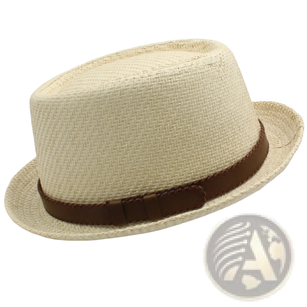 Beige woven straw fedora hat with a brown leather band for summer beach sun protection unisex style