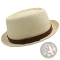Beige woven straw fedora hat with a brown leather band for summer beach sun protection unisex style