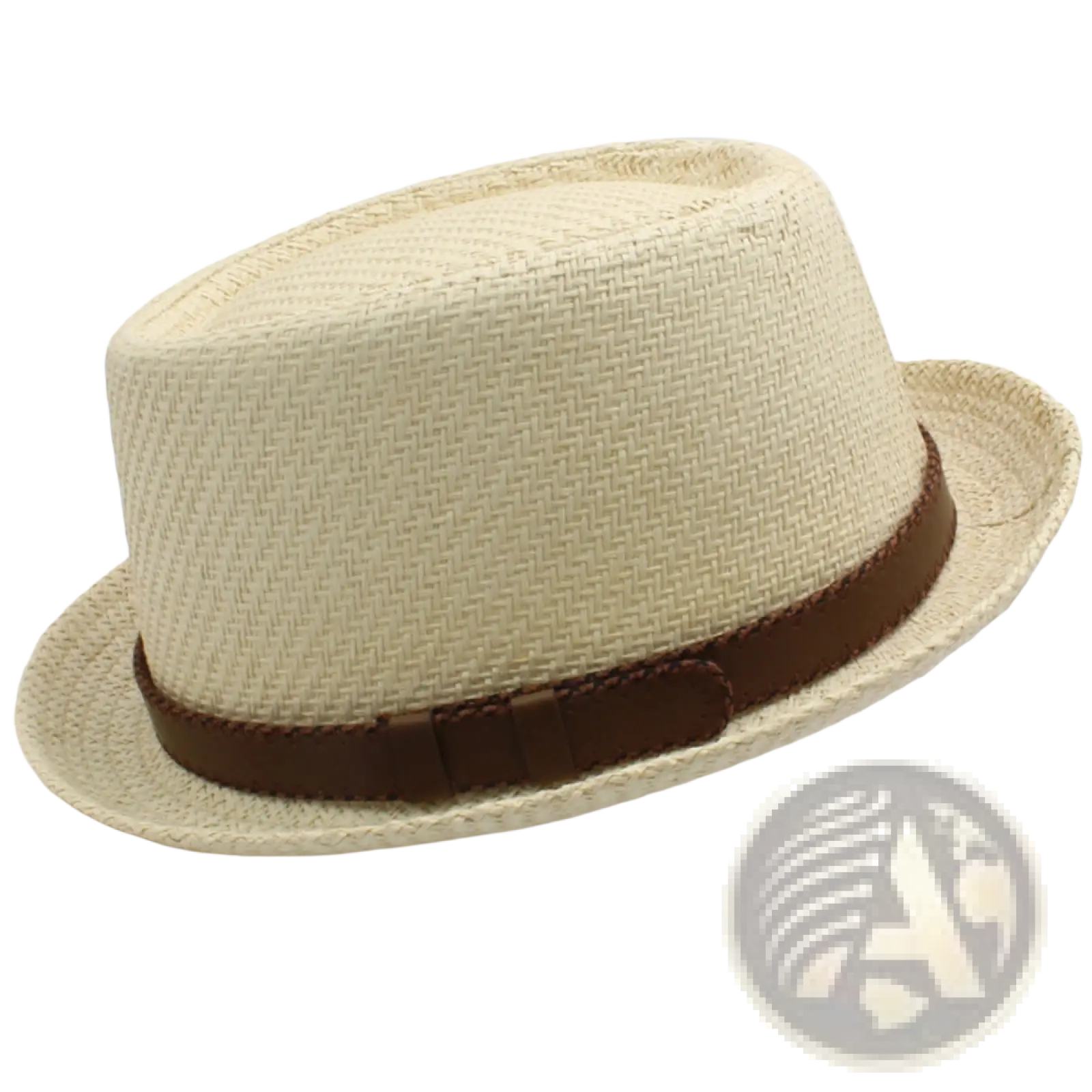 Beige woven straw fedora hat with a brown leather band for summer beach sun protection unisex style