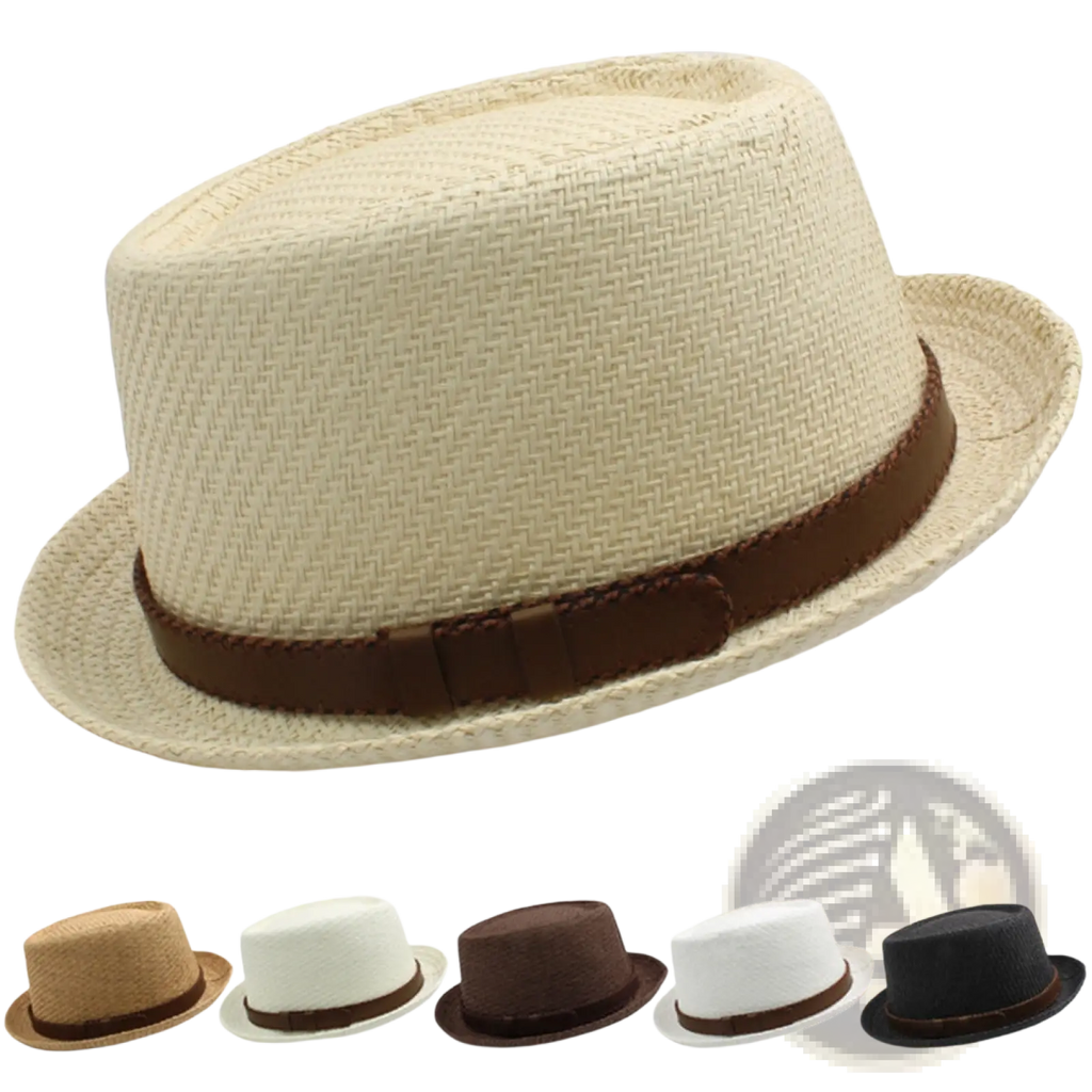 Beige woven straw fedora hat with a brown leather band designed for summer beach sun protection unisex style