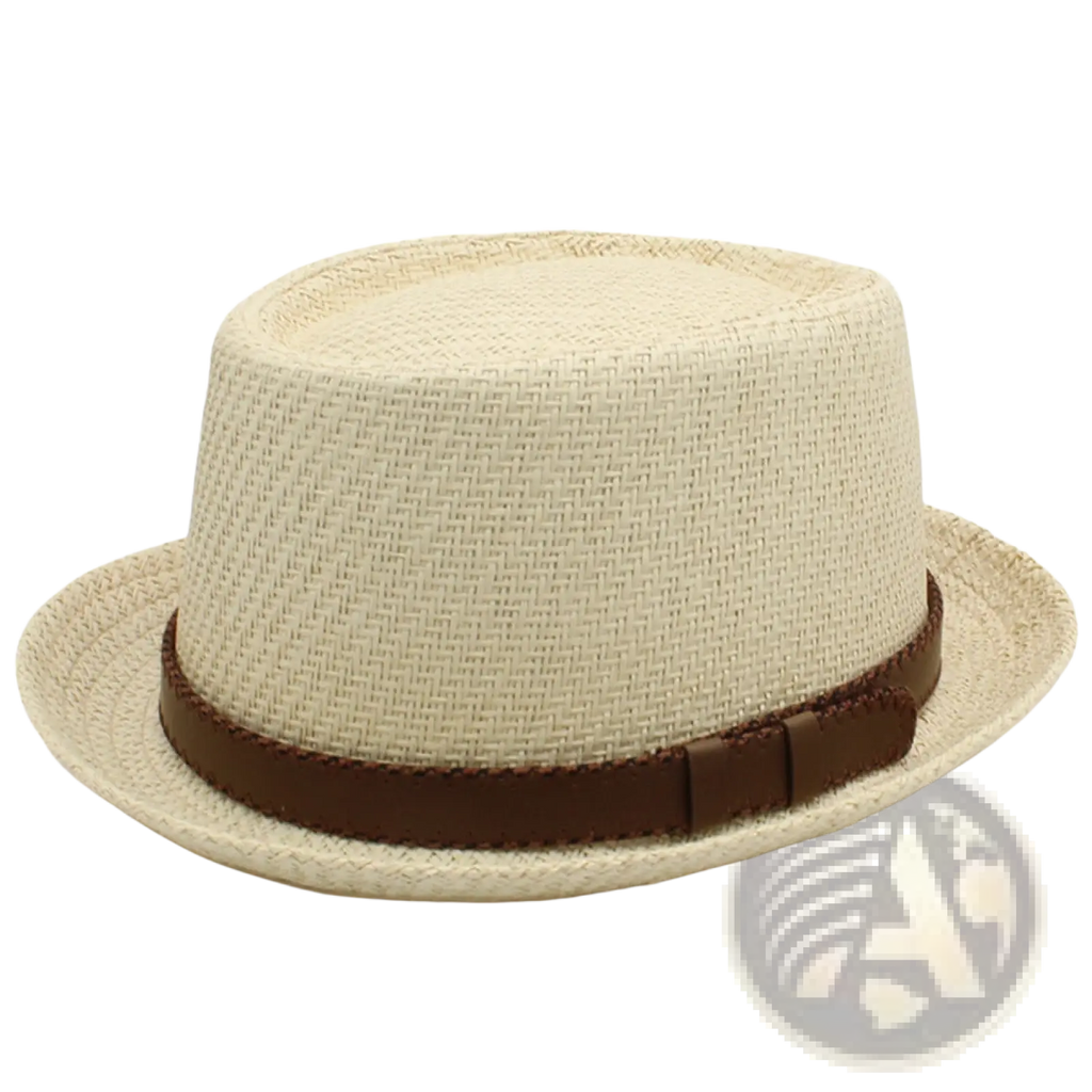 Beige woven straw fedora hat with brown leather band for summer beach sun protection unisex style