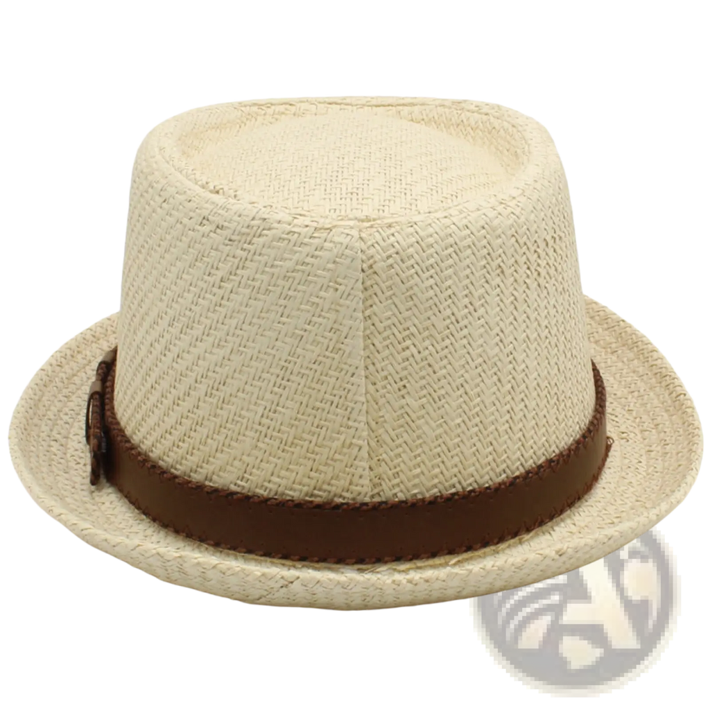 Beige woven straw fedora hat with brown leather band designed as a unisex summer beach sun hat