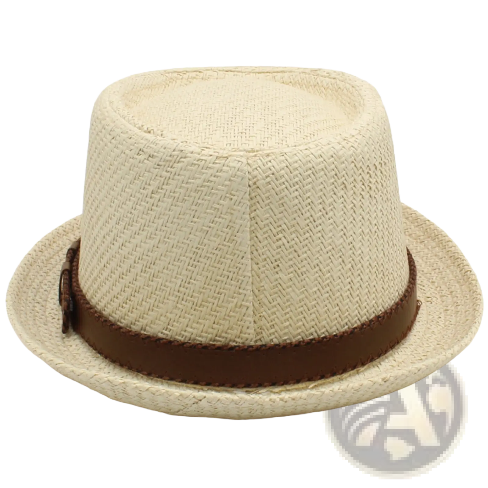 Beige woven straw fedora hat with brown leather band designed as a unisex summer beach sun hat
