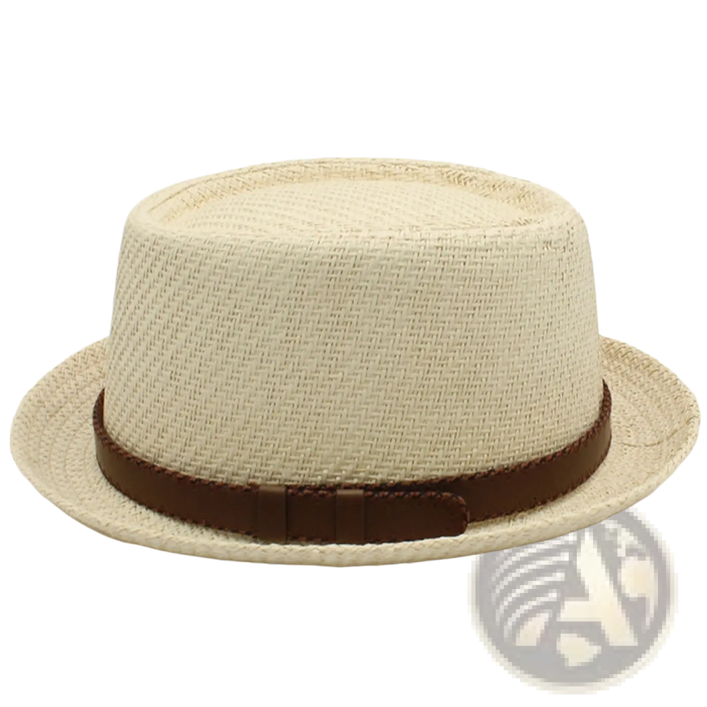 Beige woven straw fedora hat with brown leather band for summer beach sun protection unisex style