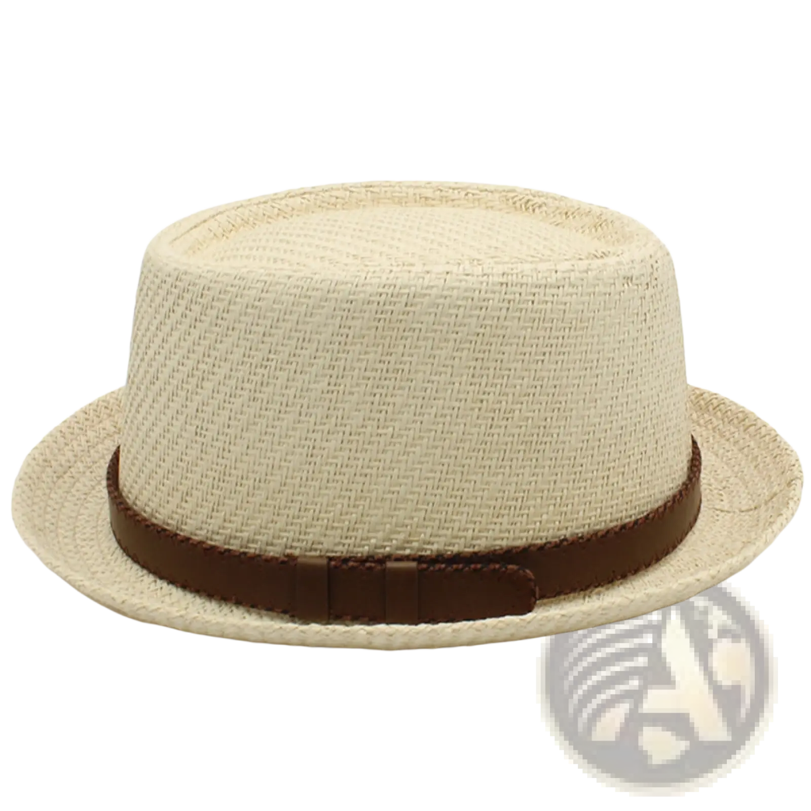 Beige woven straw fedora hat with brown leather band for summer beach sun protection unisex style