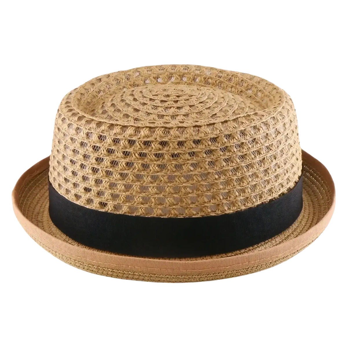 A classic beige straw fedora sun hat with a light brown woven crown and wide black ribbon band unisex design