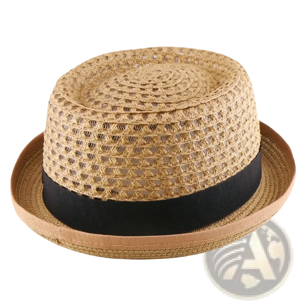 Beige woven straw fedora sun hat with black ribbon band designed as a unisex accessory for sun protection
