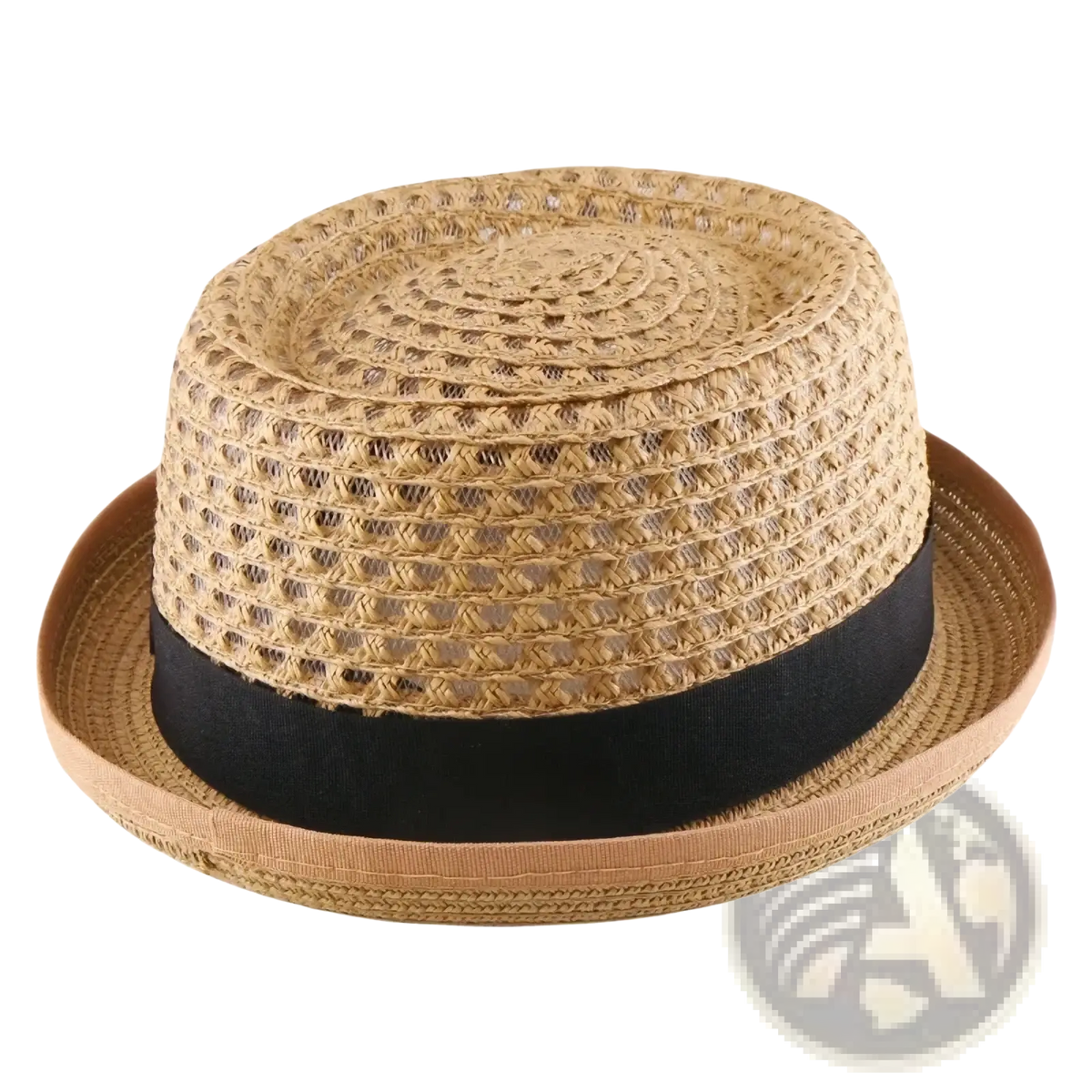 Beige woven straw fedora sun hat with black ribbon band designed as a unisex accessory for sun protection