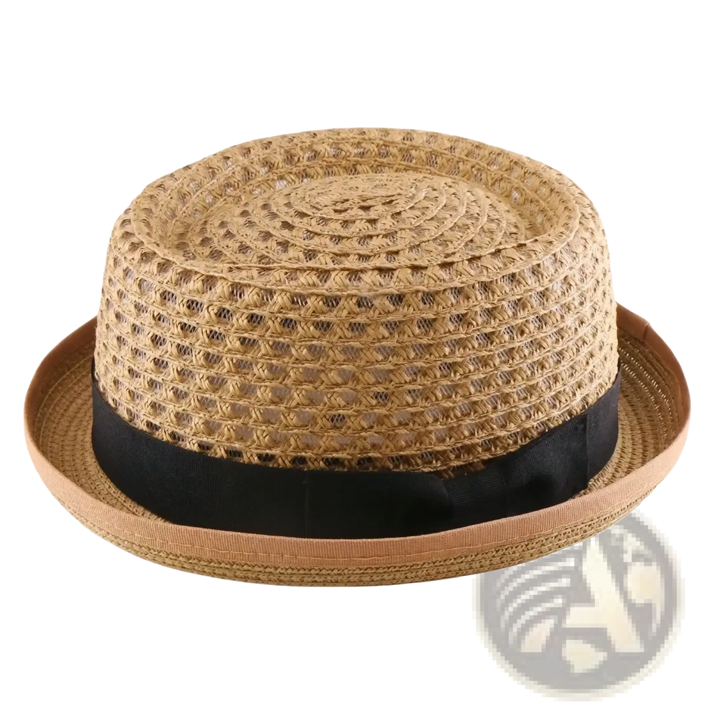 A tan woven straw fedora sun hat unisex with a black satin band in beige color for sun protection