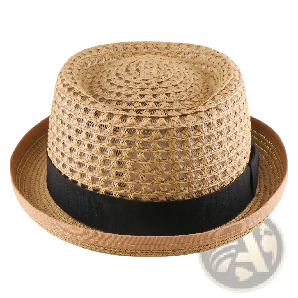 Beige woven straw fedora sun hat with a black ribbon band, unisex and ideal for sun protection