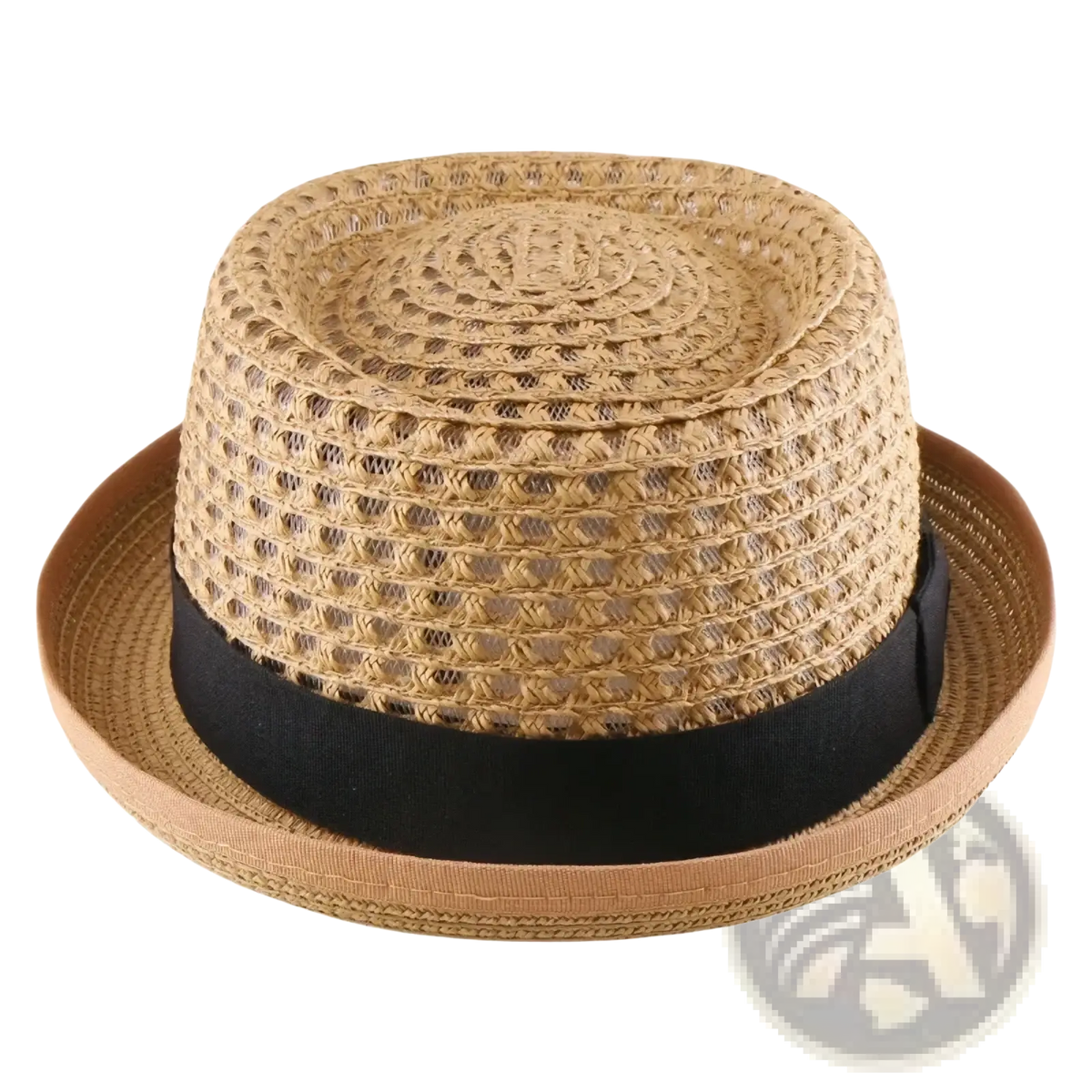 Beige woven straw fedora sun hat with a black ribbon band, unisex and ideal for sun protection