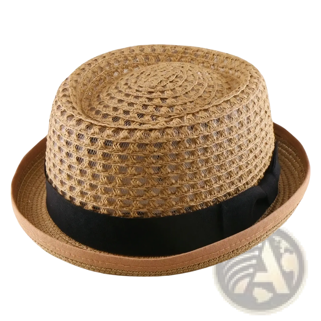 Beige woven straw fedora sun hat with a black satin band designed for unisex use
