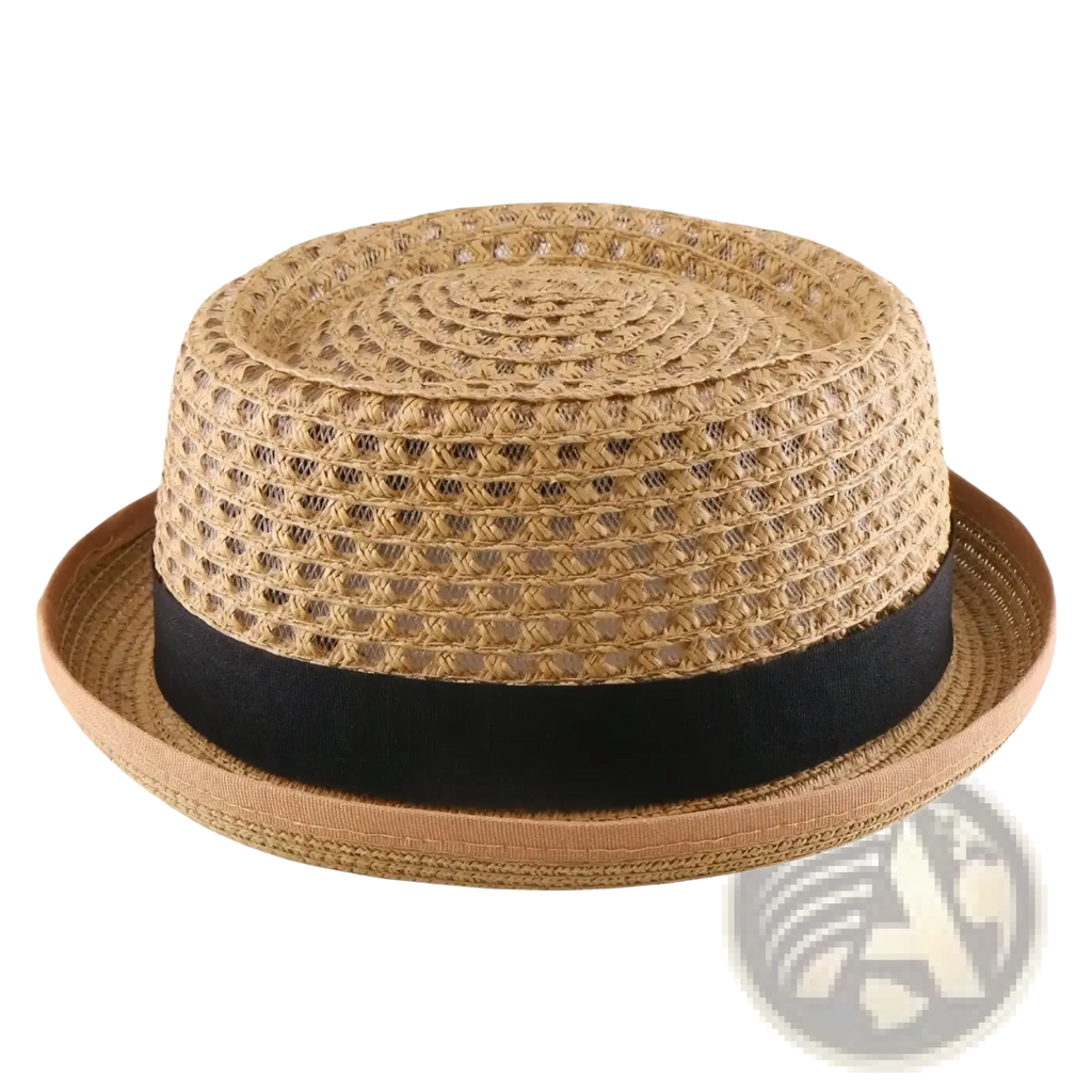 Beige woven straw fedora sun hat with a black satin band suitable for unisex use