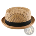 Beige woven straw fedora sun hat with a black satin band suitable for unisex use