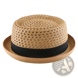 Beige woven straw fedora sun hat with a black satin band suitable for unisex use