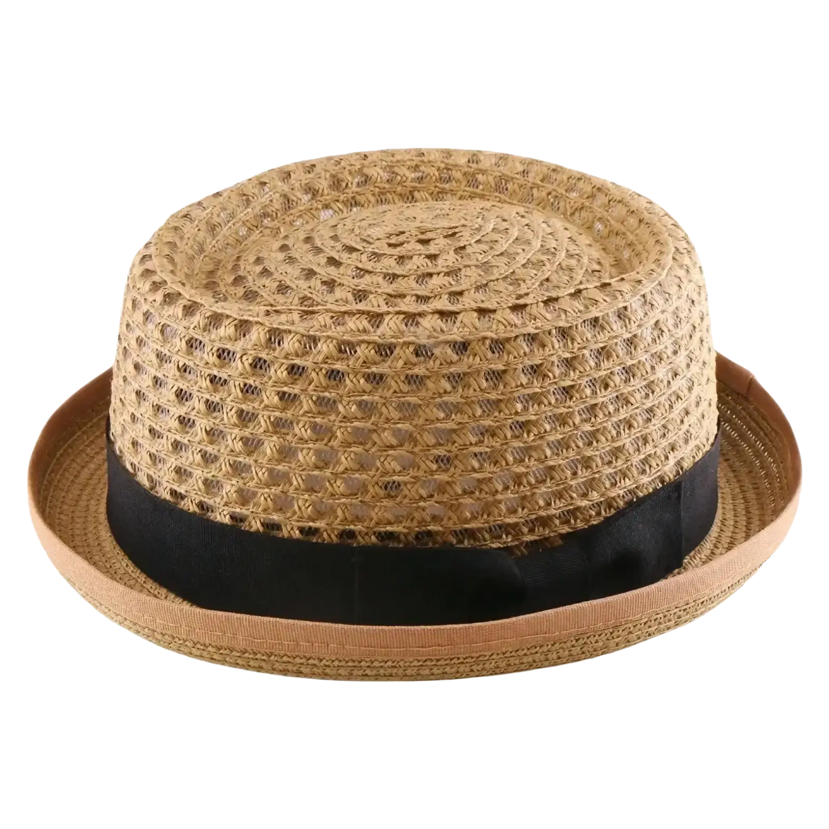 A tan woven straw fedora sun hat with a black ribbon band for unisex use in beige color